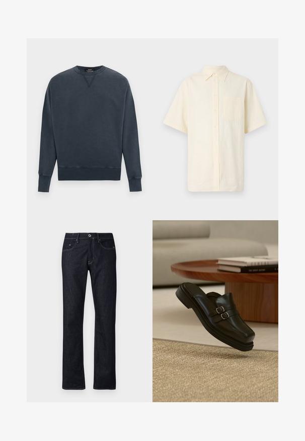 Dunkelgraues Sweatshirt mit Rundhalsausschnitt, langen Ärmeln, gerippten Bündchen und Saum sowie einem kleinen, unter dem Kragen aufgenähten dreieckigen Detail.; Kurze Ärmel Hemd mit Knopfleiste in blass cremiger Farbe, aus strukturiertem Stoff, mit einer Brusttasche und einem klassischen Kragen.; Dunkelblaue Jeans aus Denim mit geradem Bein, ausgestattet mit dem klassischen Fünf-Taschen-Design und kontrastierenden Nähten sowie einem Knopfverschluss.; Schwarzer Leder-Slipper mit doppelten silbernen Schnallen, schwebend über einem strukturierten beigen Teppich, nahe einem Holzcouchtisch und Büchern.