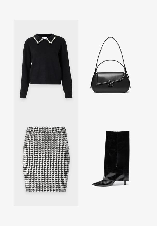 VILA VIPEARL O NECK - Strickpullover - black; Schwarzer und weißer Hahnentrittmuster-Rock mit figurnaher Silhouette, glatter Textur und festem Bund. Keine sichtbaren Beschläge oder Akzente.; Schwarze Leder-Ankle-Boots mit spitzer Zehe und Blockabsatz, ausgestattet mit einem hohen, glanzvollen Schaft und einer strukturierten Oberfläche im unteren Bereich.; Schwarze Lederschultertasche mit einer geschwungenen Klappe, die durch einen runden Metallverschluss gesichert ist, und einem schlanken, verstellbaren Riemen.