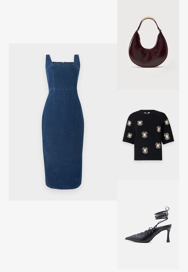 Suéter negro de punto de manga corta con patrones de flores en color crema bordados de manera uniforme en la parte delantera y con cuello y dobladillo acanalados.; Vestido de mezclilla en azul oscuro con escote cuadrado, diseño ajustado, detalles de costura visibles y longitud midi. Textura suave sin patrones adicionales.; Zapato de tacón alto negro con punta afilada, correas alrededor del tobillo y múltiples ojales en la parte frontal para cordones.; Bolso de cuero marrón oscuro en forma de media luna con un asa corta, que presenta un adorno de metal dorado y una cremallera lateral.