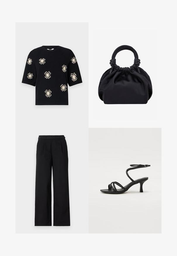 Pull en maille noir à manches courtes avec des motifs de fleurs de couleur crème brodés uniformément sur le devant et uncol en rib et ourlet.; Pantalons larges noirs en mélange de coton, avec des plis en façade, deux boutons à la taille et une texture lisse.; Even&Odd Wide Fit by Zalando Sandales - black; Sac à main en tissu noir doux avec haut froncé et poignées circulaires rembourrées nouées de chaque côté.