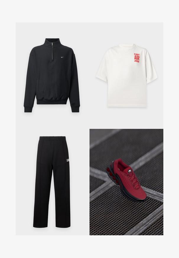 Zwarte sweatshirt met een hoge ritskraag, lange mouwen, zijzakken en een elastische tailleband. Voorzien van een klein wit Nike-logo op de borst.; Wit T-shirt met korte mouwen met rode "Flight Air Jordan"-tekst op de linkerborst, weergegeven op een effen achtergrond.; Zwarte joggingbroek met een elastische tailleband, rechte pijpvorm en witte tekst op de linkeronderkant. Gemaakt van zacht materiaal.; Rode sneaker met een gestructureerde bovenkant, voorzien van zwarte accenten en een opvallend ontwerp van luchtkussensole. Veters en logo zijn zichtbaar aan de bovenkant.