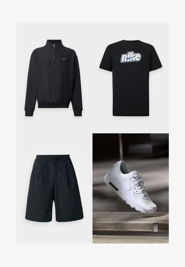 Sort sweatshirt med høj lynlås krave, lange ærmer, sidelommer og elastisk talje. Har et lille hvidt Nike-logo på brystet.; Sort T-shirt med korte ærmer og en stor hvid og blå Nike-logo og swoosh centreret på brystet.; Sorte shorts med elastisk talje og justerbar snor. Lavet af et glat stof, med en løs pasform og uden synlige mønstre.; Hvide Nike Air Max 90 sneakers med en overdel i mesh og læder, perforeret tåboks og en synlig luftenhed i hælen.