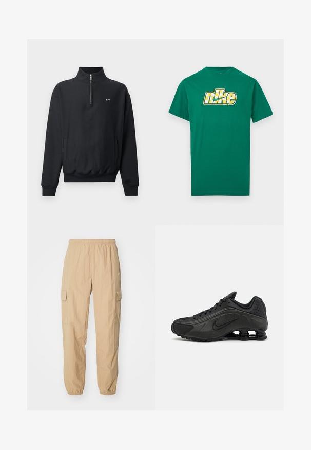 Schwarzer Sweatshirt mit hohem Reißverschlusskragen, langen Ärmeln, Seitentaschen und elastischem Bund. Mit einem kleinen weißen Nike-Logo auf der Brust.; Grünes T-Shirt mit kurzen Ärmeln und einem gelb-weiß karierten Nike-Logo, das mittig auf der Brust vor weißem Hintergrund platziert ist.; Beige Cargo-Hosen aus leichtem Stoff, mit einem elastischen Bund, zwei Seitentaschen und elastischen Bündchen an den Knöcheln.; Schwarze Laufschuhe mit einem glatten synthetischen Obermaterial, durchbrochenen Akzenten, strukturierten Seitenpaneelen und einer ausgeprägten federnden Sohle.