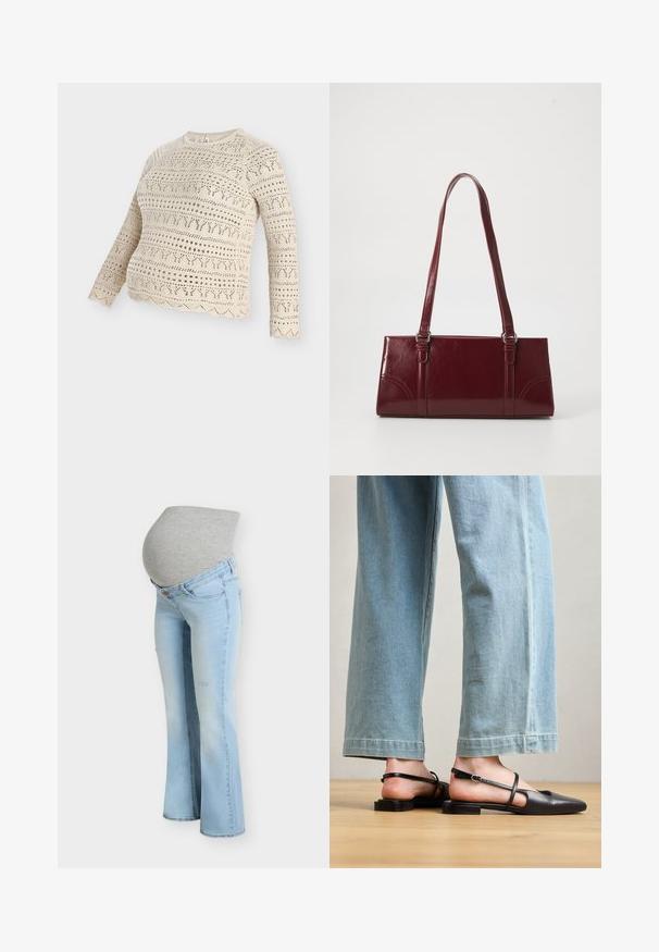 Lichtbeige top met lange mouwen, voorzien van ingewikkelde opengebreide patronen en een gegolfde zoom. De stof heeft een kantachtige textuur met diverse designelementen.; Lichtblauwe zwangerschapsjeans met een rekbare grijze tailleband, ontworpen om een zwangere buik te ondersteunen.; Zwarte leren slingback schoenen met een spitse neus, platte hak en enkelband; gedragen met lichtblauwe wijde jeans.; Bourgondische handtas van glanzend materiaal, rechthoekige vorm, met twee schouderbanden en subtiele gebogen accenten aan de voorkant.