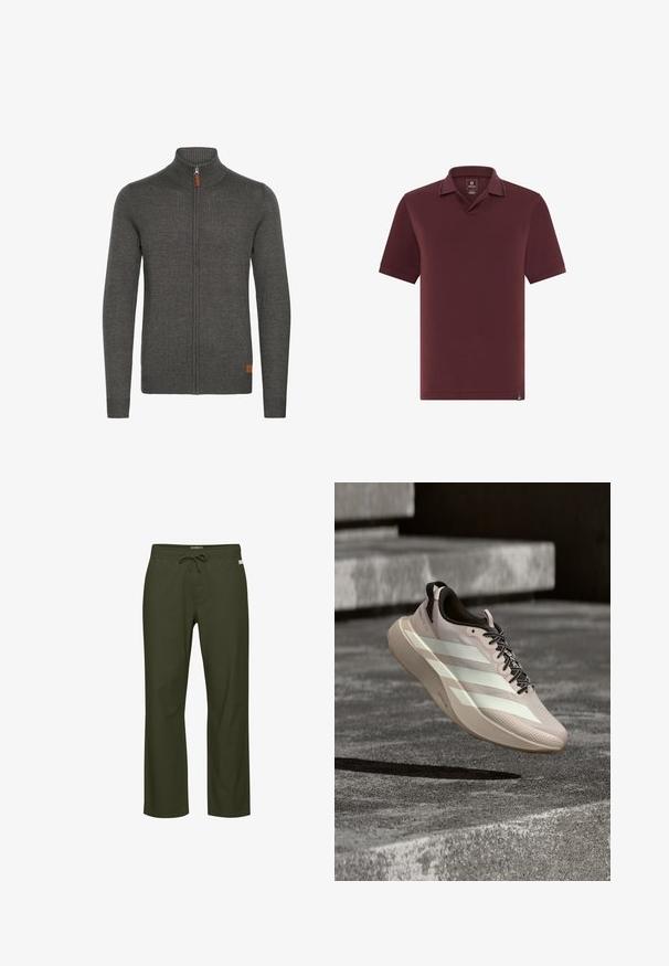 Sweat-shirt zippé gris avec un col haut, texture côtelée, et un petit accent en cuir en bas à gauche. Manches longues et design ajusté.; Polo à manches courtes de couleur bordeaux foncé avec col, sans boutons, et une petite étiquette logo près de l'ourlet inférieur sur fond blanc.; Pantalon vert olive avec une taille à cordon, une coupe droite, une texture de tissu douce et une petite étiquette logo discrète à l'avant.; Chaussure de course beige clair avec trois bandes blanches et des lacets noirs lévitant au-dessus d'une surface en béton grise et des marches.