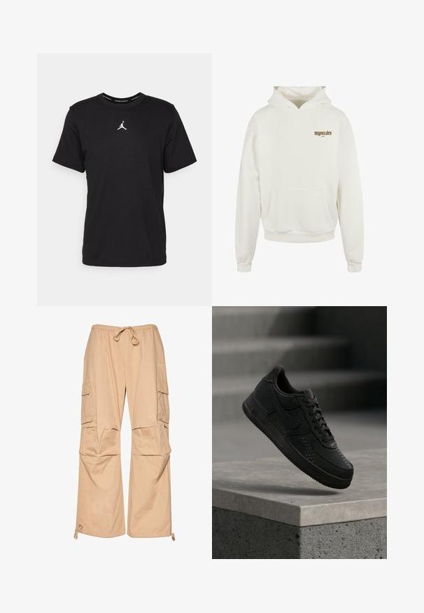Witte hoodie van zachte stof, met een kangoeroe zak en ribgebreide cuffs. Aan de voorkant is een bruin tekstlogo te zien op de linkerborst.; Zwarte katoenen t-shirt met korte mouwen, ronde hals, voorzien van een witte Jumpman-logo op de borst en een gladde, lichte textuur.; Beige cargobroek met een elastische tailleband en trekkoord, voorzien van zijzakken en een relaxte pasvorm. Gemaakt van lichte stof.; Zwarte Nike-sneaker met geperforeerde details zwevend boven een betonnen richel, tegen een vervaagde grijze achtergrond.