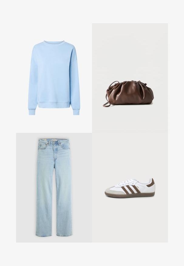 Hellblaues Sweatshirt mit Rundhalsausschnitt und langen Ärmeln, mit gerippten Bündchen und Saum, auf weißem Hintergrund gezeigt.; Hellblaue Jeans aus Denim mit geradem Bein, ausgestattet mit fünf Taschen, einem klassischen Reißverschluss und sichtbaren Nähthighlights.; Weißer und brauner Adidas Samba Sneaker mit drei braunen Streifen, Schnürsenkeln und strukturierter Sohle, von der Seite auf einem einfarbigen Hintergrund gezeigt.; Weiche braune Lederbeuteltasche mit gerafftem oberen Teil und schmalem Riemen, auf weißem Hintergrund liegend.