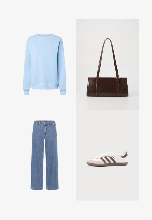 Svetlomodrá mikina s dlhými rukávmi a okrúhlym výstrihom, s rebrovanými manžetami a lemom, zobrazená na bielom pozadí.; My Essential Wardrobe MWSOFFI WIDE - Džínsy široké - medium blue wash; Biele tenisky Adidas Samba s hnedými semišovými pruhmi, hnedou gumovou podrážkou a béžovým semišovým špicom, zobrazené z vonkajšej strany na jednofarebnom pozadí.; Hnedá lakovaná kožená kabelka s obdĺžnikovým tvarom, dvoma dlhými rúčkami a jemne zakrivenými akcentami na prednej strane.