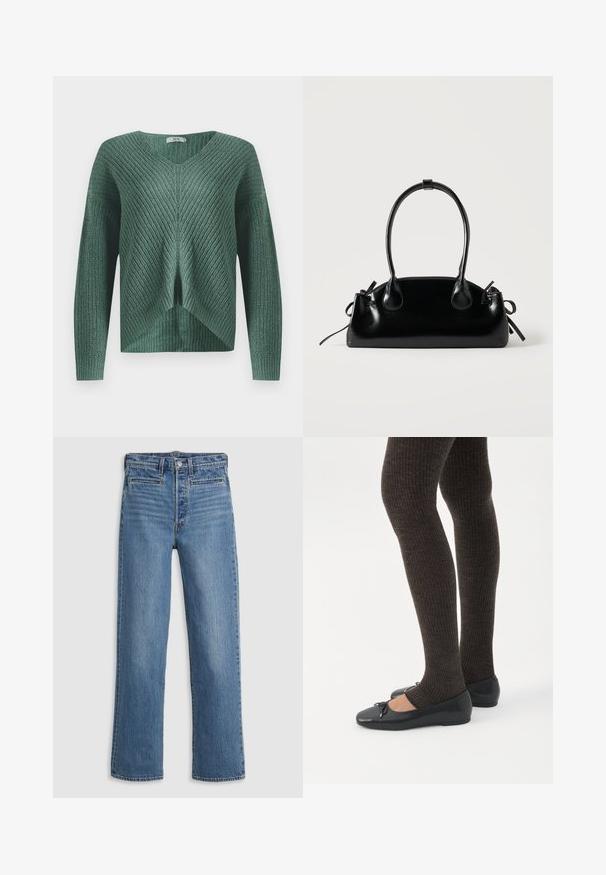 Grøn strikket sweater med lange ærmer, V-hals og et design med split foran. Har et struktureret mønster og en afslappet pasform.; Lys blå, lige ben jeans lavet af denim. Funktioner inkluderer en knaplukning, fem lommer og diskret slid. Ingen udsmykninger eller mønstre.; Ben iført mørke ribbede leggings kombineret med sorte balletsko med små sløjfedetaljer på hvid baggrund.; Lille sort blank håndtaske med to lange håndtag og snøre-detaljer i siden på en ensfarvet lys baggrund.