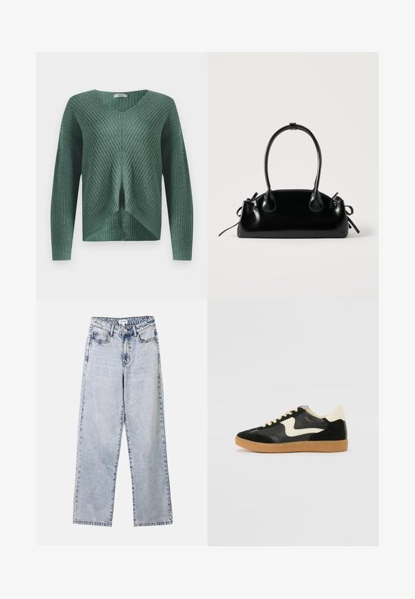 Pull en maille verte avec des manches longues, décolleté en V et un design à fente à l'avant. Présente un motif texturé et une coupe décontractée.; Jean droit bleu clair en denim, doté de deux poches avant, d'une fermeture à bouton et de coutures contrastées le long des coutures.; Baskets en daim et cuir noir avec un swoosh latéral crème et un talon crème clair. Dotées de lacets beige et d'une semelle en caoutchouc gomme.; Petit sac à main noir brillant avec deux longues anses et des détails à cordon sur les côtés sur un fond clair uni.