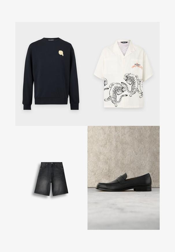 Sweat-shirt noir à manches longues avec un petit logo crème en forme de main sur le côté gauche de la poitrine, avec des poignets et un ourlet côtelés.; Chemise blanche à manches courtes avec des motifs de tigre noirs le long du bas et le texte "The Crazy Numbers Just Cavalli Milano" sur la zone de la poche poitrine.; Short en denim noir avec cinq poches, fermeture à bouton et une texture légèrement délavée sur le devant des cuisses.; Mocassin en cuir noir flottant au-dessus d'un tapis beige avec une table ronde brune brillante en arrière-plan.
