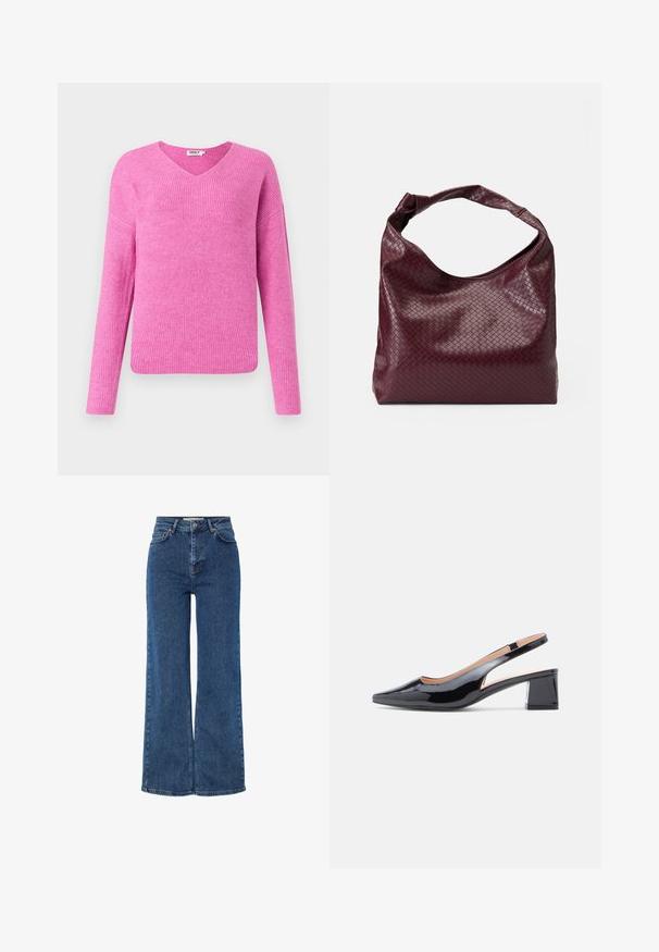 Rosa gerippter Strickpullover mit V-Ausschnitt, langen Ärmeln und entspannter Passform. Hergestellt aus weichem Material und mit einem strukturierten Muster.; Hochtaillierte blaue Denim-Jeans mit weitem Bein, ausgestattet mit klassischem Fünf-Taschen-Design, Metallknopfverschluss und kontrastierenden Nähten.; Schwarzer Slingback-Pumps aus Lackleder mit spitz zulaufender Schuhspitze und stabilem Blockabsatz, seitlich mit Ausschnittdetail.; Bordeauxfarbene Tasche mit einer strukturierten, gewebten Musterung, weichem Leder und einem einzelnen, verknoteten Griff. Geräumiges Hobo-Design.