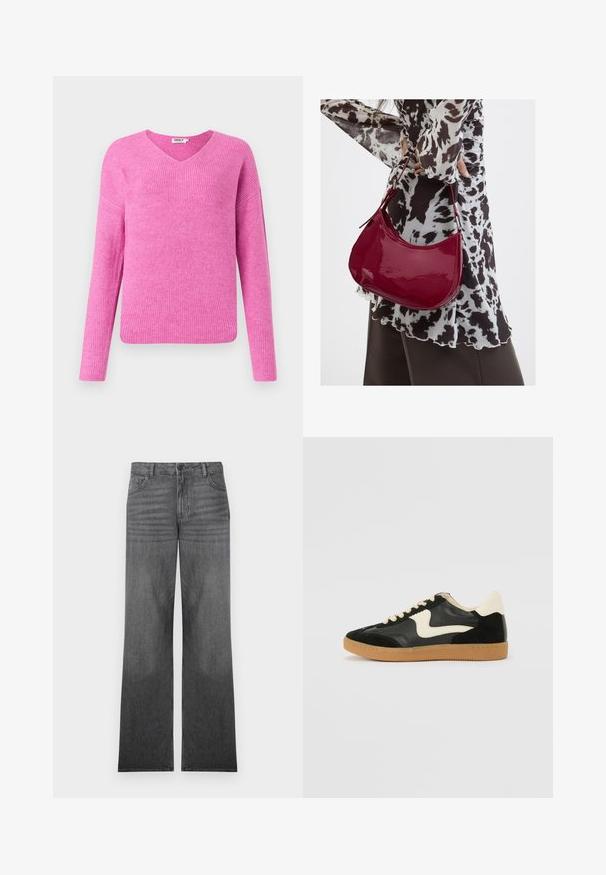 Pull en tricot rose à côtes, avec un décolleté en V, des manches longues et une coupe décontractée. Fabriqué dans un matériau doux, il présente un motif texturé.; Jean en denim gris à jambes larges avec un lavage moyen, présentant un design à cinq poches, une fermeture à bouton sur le devant et des détails de couture subtils.; Baskets en daim et cuir noir avec un swoosh latéral crème et un talon crème clair. Dotées de lacets beige et d'une semelle en caoutchouc gomme.; Femme portant un chemisier à motif noir et blanc tenant un sac à main rouge brillant sur un fond uni.