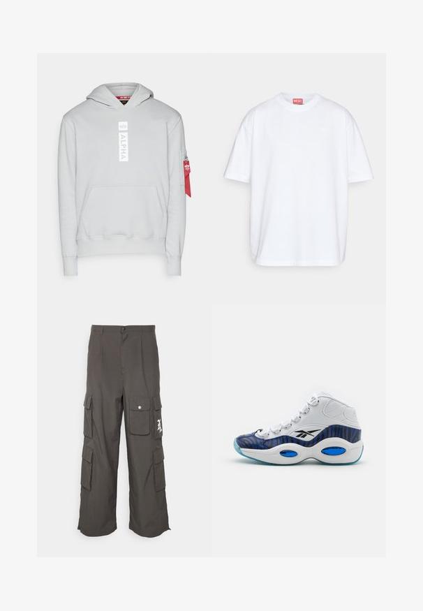 Lys grå hættetrøje med en kengurulomme, snoretræk i hætten, hvid "ALPHA" logo og en lynlåslomme på ærmet med et rødt mærke.; Diesel BOGGY MEGOVAL - T-shirts print - white; Night Addict Cargobukser - khaki; Højtop atletiksko med en hvid læderoverdel, blå og sort zebra-print design, og en lys blå gennemsigtig sål.