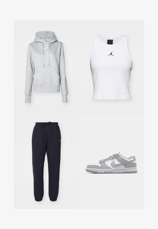 Grå pullover-hoodie med snøre i hætten, frontlomme og ribbehænder. Har en lille hvid Nike-logo på brystet.; Hvid cropped tanktop lavet af bomuld med ribbet tekstur. Har et sort Jordan-logo i midten og en klassisk rund halsudskæring.; Marineblå joggerbukser lavet af blødt stof, med elastisk talje og snøre, tapered ben og et lille hvidt logo foran.; Grå og hvide lavtop sneakers med læder- og ruskindsmaterialer, perforeret tåboks og gummisål. Har et fremtrædende swoosh-logo.