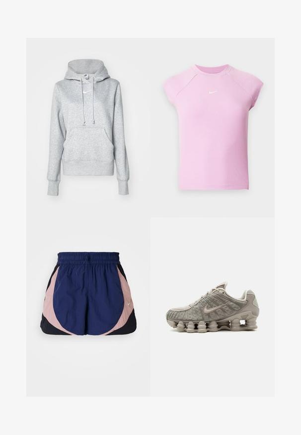 Hall halli pusakaga kapuutsiga, ees tasku ja soonilised mansetid. Rinnal väike valge Nike logo.; Hele roosa soonikkoes lühikeste varrukatega spordipluus ümarkaelusega, valge väikese Nike siksaklogo rinnal keskel.; Nike spordilühikesed püksid elastse vöökohtaga, millel on tumesinine, roosa ja must paneel. Valmistatud kergest tekstuuriga kangast.; Hele beež Nike Shoxi sneaker nähtava sambakujulise polsterdusega tallaga ja võrgust üliskattega.