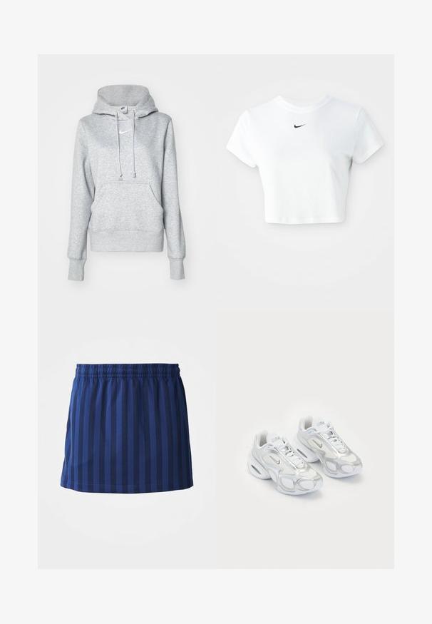 Grijze pullover hoodie met een capuchon met trekkoord, een voorzak en geribbelde manchetten. Voorzien van een klein wit Nike-logo op de borst.; Witte cropped T-shirt van katoen, met korte mouwen en een ronde halslijn, voorzien van een zwart Nike-logo op de borst.; Marineblauwe rok met verticale strepen, elastische tailleband, lengte tot halverwege het bovenbeen, gemaakt van lichte stof, gladde textuur.; Witte sportieve schoenen met een bovenwerk van mesh en zilveren accenten, in een unieke vorm en met luchtkussen in de hiel. Gespannen ontwerp met logo.