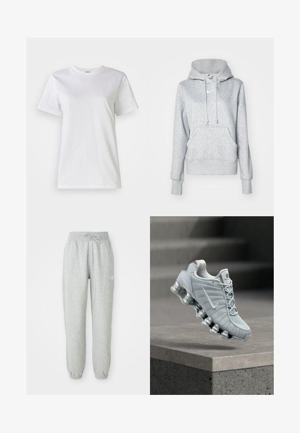 Grijze pullover hoodie met een capuchon met trekkoord, een voorzak en geribbelde manchetten. Voorzien van een klein wit Nike-logo op de borst.; Witte katoenen t-shirt met een ronde hals en korte mouwen. De stof is glad met een zachte textuur en zonder zichtbare patronen of accenten.; Grijze sweatpants met een elastische tailleband en trekkoord. De stof is zacht, met elastische boorden bij de enkels en een logodetail.; Lichtgrijze Nike hardloopschoen met gedempte veerachtige zool die boven een betonnen richel zweeft, wazige trapachtergrond.