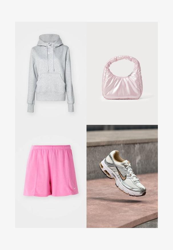 Sivá mikina s kapucňou na šnúrku, predným vreckom a rebrovanými manžetami. Na hrudi má malý biely logo Nike.; Ružové športové šortky vyrobené z mäkkého materiálu, s elastickým pásom a bočným logom. Rovno strihaný dizajn s hladkou textúrou.; Biely a strieborný bežecký Nike topánka s béžovým logom Swoosh, zobrazená vo vzduchu nad kamenným povrchom s rozmazaným sivým pozadím steny.; Ružová, polstrovaná kabelka s oblehnutým dizajnom, vyrobená z lesklého materiálu. Obsahuje naťahovanú rukoväť a zipsové uzatvorenie pre bezpečný prístup.