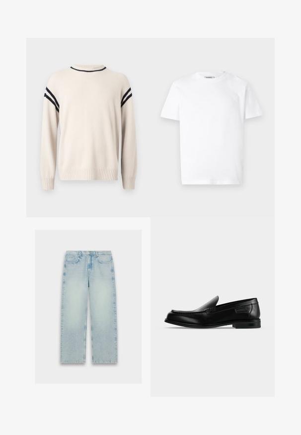 Pull beige clair en matière douce, avec un col rond, des poignets côtelés et des rayures noires le long des épaules pour les détails.; T-shirt en coton blanc avec un col rond et des manches courtes. Présente un petit logo en relief sur la poitrine gauche. Texture lisse.; Jean en denim bleu clair, taille haute, avec une coupe droite, texture décolorée et un style classique à cinq poches.; Mocassin noir en cuir à enfiler avec un petit talon, un bout arrondi et des surpiqûres décoratives le long du bord supérieur.
