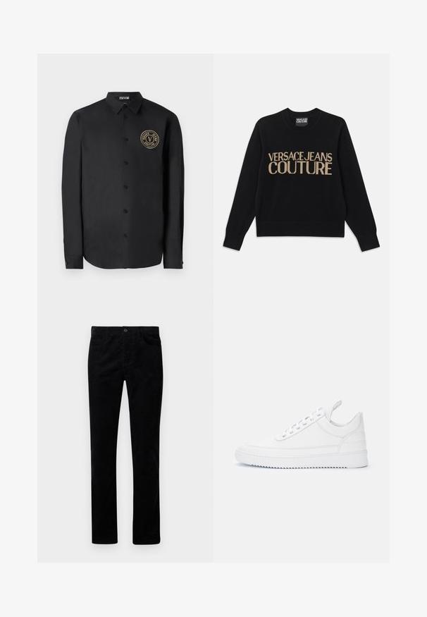 Čierny pletený sveter s okrúhlym výstrihom, rebrovanými manžetami a lemom, s vyšívaným zlatým textom "VERSACE JEANS COUTURE."; Čierna košeľa s dlhým rukávom z hladkej látky s zaobleným lemom. Obsahuje zlaté kruhové logo na ľavej hrudi a klasický golier.; Čierne kordové nohavice s rovnými nohavicami, s prednými vreckami a kovovým zapínaním. Mäkká textúra s vertikálnym rýhovaním.; Biele nízke tenisky so šnurovaním, prešívanými detailmi, pútkom na päte a drážkovanou podrážkou na jednoduchom svetlom pozadí.