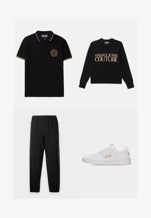 Must mustri, ümmarguse kaelusega, soonikute ja äärtega, millel on kuldne tikand tekstiga "VERSACE JEANS COUTURE."; Must mustaga on valmistatud puuvillast, millel on kollase triibuga krae, kahe nupuga värvel ja vasakul rinnal brodeeritud ümmargune logo.; Mustad mustad püksid elastse vöökohaga, kitsenevad jalad ja väike bränditud silt. Valmistatud siledast, kergekaalu kangast.; Valged madala säärega tossud, millel on perforeeritud detailid, eespaelad ja kuldsed "Versace Jeans Couture" logod külgedel ja kandadel.