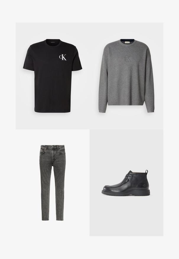 Grauer Strickpullover mit Rundhalsausschnitt, der ein geprägtes "ck"-Logo auf der Brust und gerippte Bündchen trägt. Weicher Stoff, lockere Passform.; Schwarzes Baumwoll-T-Shirt mit kurzen Ärmeln und einem weißen "ck"-Logo auf der linken Brust. Rundhalsausschnitt und gerader Saum.; Schmal geschnittene, ausgewaschene schwarze Denim-Jeans mit fünf Taschen, Gürtelschlaufen und Knopfverschluss an der Taille, vorderseitig auf weißem Hintergrund gezeigt.; Schwarze Leder-Stiefel bis zur Knöchel mit runder Zehenform, Schnürdesign und einer Ziehlasche auf der Rückseite. Strukturiertes Obermaterial und Gummisohle.