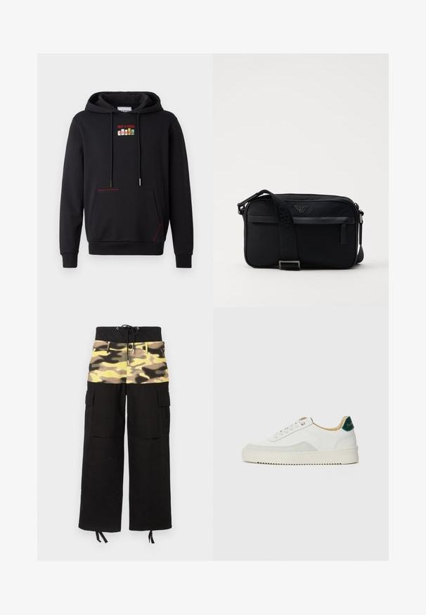 Iceberg FELPA - Hættetrøje - nero; Cargo bukser med et sort stof og en overdel med camouflage-mønster i nuancer af gul, grøn og brun; inkluderer justerbar talje.; Hvide sneakers med ruskindsdetaljer, rund tå, flade snørebånd og en cremet gummisål. Har grøn branding på hælen.; Sorte nylon skuldertaske med en kontrasterende rem, slank rektangulær form, logo detaljer og en lynlåslomme på forsiden.