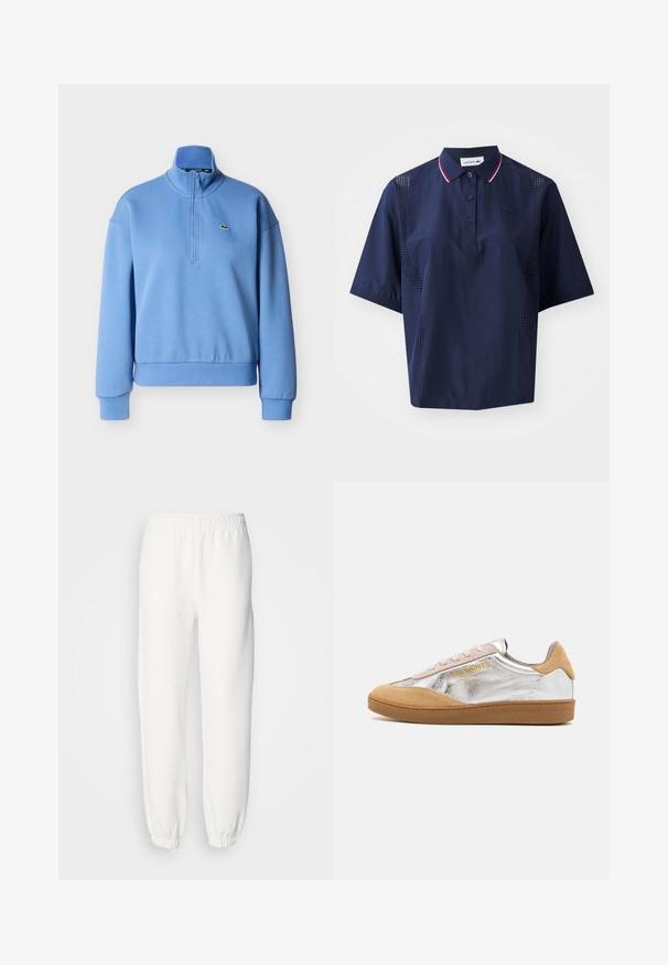 Lichtblauwe pullover met een hoge kraag, halve ritssluiting aan de voorkant en geribbelde manchetten. Voorzien van een klein geborduurd logo op de borst. Gemaakt van zachte stof.; Marineblauwe polo met korte mouwen en knoopsluiting, contrasterende kraag met rode en witte accenten, en geperforeerde zijpanelen voor ademend vermogen.; Witte sweatpants van zacht, gebreid materiaal. De elastische tailleband en boorden zorgen voor een ontspannen pasvorm. Minimalistisch ontwerp, zonder zichtbare patronen of accenten.; Zilveren en tan suède sneakers met een gestructureerde rubberen zool, beige veters en een gele logo-print aan de zijkant.