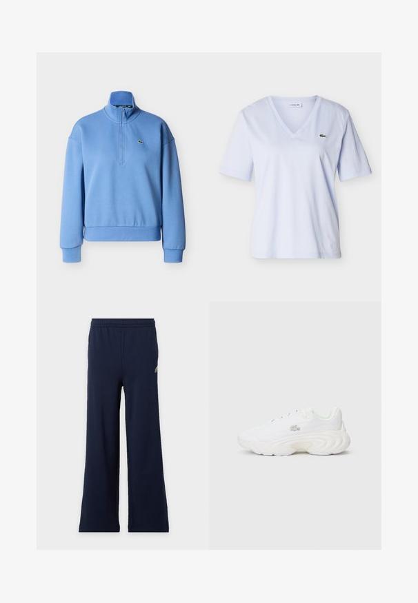 Pull-over bleu clair avec un col montant, une fermeture éclair à moitié devant et des poignets côtelés. Comprend un petit logo brodé sur la poitrine. Confectionné en tissu doux.; Chemise bleu clair à col en V et manches courtes avec un petit logo crocodile vert sur le côté gauche de la poitrine, présentée sur un fond uni.; Pantalon bleu marine à larges jambes avec taille élastique et petit logo en haut à gauche sur fond clair.; Baskets blanches avec une tige texturée, un design de semelle prononcé, un système de laçage et un petit détail de logo. Construction lisse et légère.