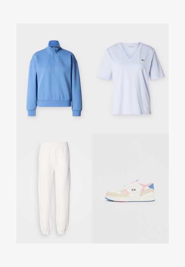 Pull-over bleu clair avec un col montant, une fermeture éclair à moitié devant et des poignets côtelés. Comprend un petit logo brodé sur la poitrine. Confectionné en tissu doux.; Chemise bleu clair à col en V et manches courtes avec un petit logo crocodile vert sur le côté gauche de la poitrine, présentée sur un fond uni.; Pantalon de survêtement blanc en tissu tricoté doux. La taille et les poignets élastiques assurent une coupe décontractée. Design minimaliste, sans motifs ni accents visibles.; Baskets Lacoste en cuir blanc et suède beige clair. Caractérisées par des accents roses et bleus, des panneaux texturés et des lacets blancs avec une semelle en caoutchouc.