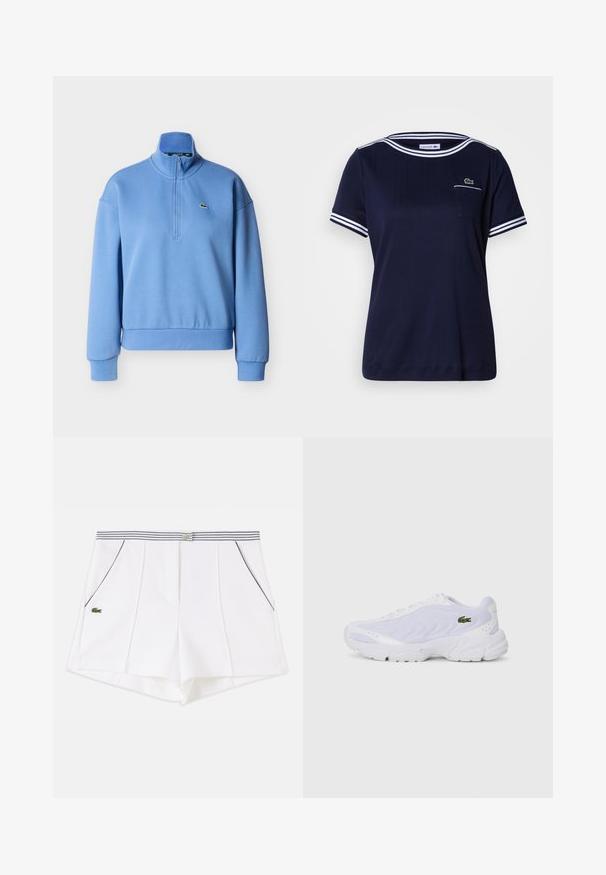 Pull-over bleu clair avec un col montant, une fermeture éclair à moitié devant et des poignets côtelés. Comprend un petit logo brodé sur la poitrine. Confectionné en tissu doux.; T-shirt bleu marine avec texture côtelée, accents à rayures blanches sur le col et les manches, et petit logo vert Lacoste sur la poche.; Short blanc sur mesure avec coutures verticales, ceinture rayée, poches avant avec passepoil noir et petit logo crocodile vert sur le côté gauche.; Baskets blanches de sport avec dessus en maille, design texturé et col rembourré. Présente un logo vert sur le côté et une semelle rembourrée pour le confort.