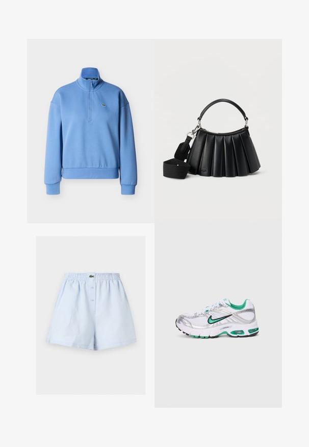 Lichtblauwe pullover met een hoge kraag, halve ritssluiting aan de voorkant en geribbelde manchetten. Voorzien van een klein geborduurd logo op de borst. Gemaakt van zachte stof.; Lichtblauwe herenboxers met elastische tailleband, knoopsluiting aan de voorkant en een klein groen krokodillenlogo in het midden.; Nike hardloopschoen in wit, zilver en groen. Bevat mesh en synthetische materialen, een gevoerde kraag en een gevoerde zool met zichtbare luchtunits.; Zwarte leren handtas met plooien, voorzien van een korte handgreep en een afneembare brede stoffen schouderriem, tegen een witte achtergrond.