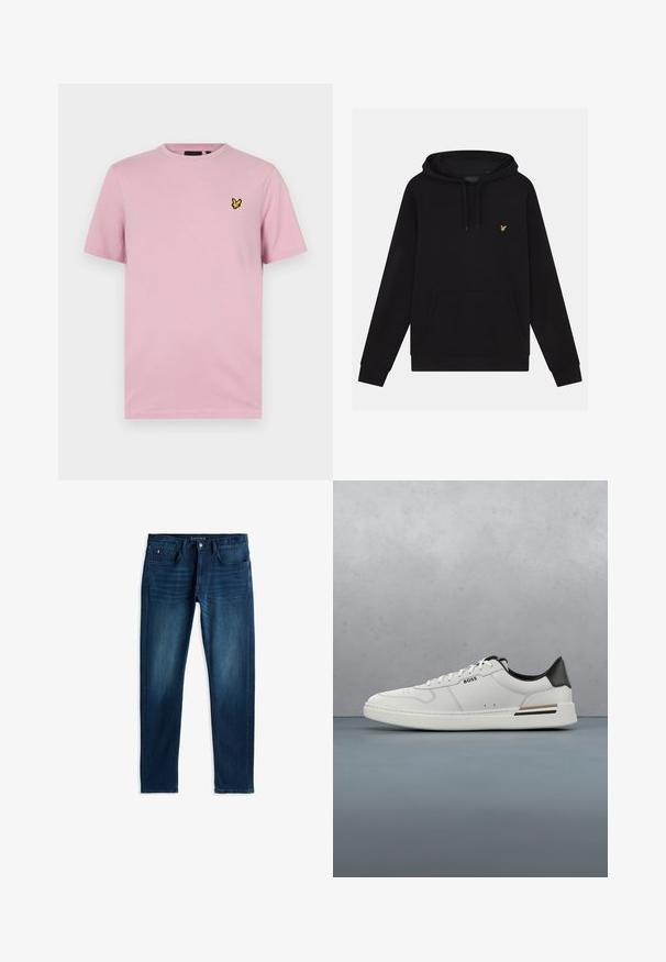 Zwarte hoodie met grote voorzak, capuchon met trekkoord, geribbelde manchetten en gouden adelaarlogo op de borst. Gemaakt van zachte, gestructureerde stof.; Roze t-shirt met korte mouwen, gemaakt van zachte stof, met een klein geel vlinderlogo dat op de linkerborst is geborduurd.; Donkerblauwe spijkerbroek met een slim fit, vijf zakken, contraststiksels en een knoopsluiting aan de taille, met een subtiele vervaging.; Witte lage sneaker met zwarte hiel, vetersluiting, subtiele perforaties en het "BOSS" logo aan de zijkant, getoond vanuit het zijprofiel.