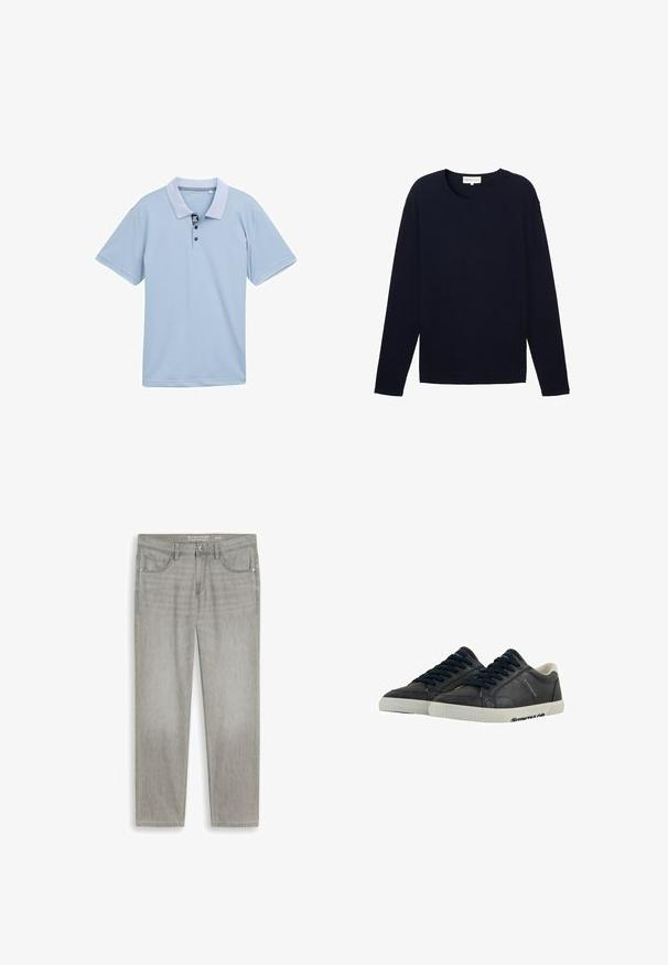 Navyblauer Pullover mit langen Ärmeln aus strukturiertem Stoff, rundem Ausschnitt und geradem Saum. Dezente Markierung nahe dem Saum.; Helles blaues Polo-Shirt mit einem zweifarbigen Kragen, aufgesetzter Knopfleiste mit drei Knöpfen und kurzen Ärmeln. Hergestellt aus glattem, atmungsaktivem Stoff.; Hellgraue Jeans mit geradem Bein, Vordertaschen, Gürtelschlaufen und Knopfverschluss, flach auf weißem Hintergrund liegend.; Marineblaue Leder-Sneaker mit weißen Gummisohlen, runder Spitze und schwarzen Schnürsenkeln. Subtile Texturen und Branding an den Seiten. Lässiges Design.