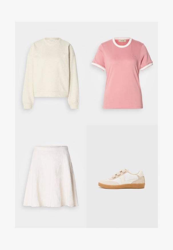 Lysebeige crewneck-sweatshirt lavet af blødt, tekstureret stof med raglanærmer og ribstrikkede manchetter og kant. Simpelt design. Ingen mønstre.; Lyserød bomulds t-shirt med hvid ribkant ved hals og ærmer. Har et subtilt prægede logo på brystet. Korte ærmer, rund halsudskæring.; Hvid linned nederdel med et svævende, A-linje design. Har en glat talje og en let struktur med subtile folder.; Sneakers i hvid og beige læder med nubuck-detaljer, der har en rund tå, tre velcrobånd og en gummisål.