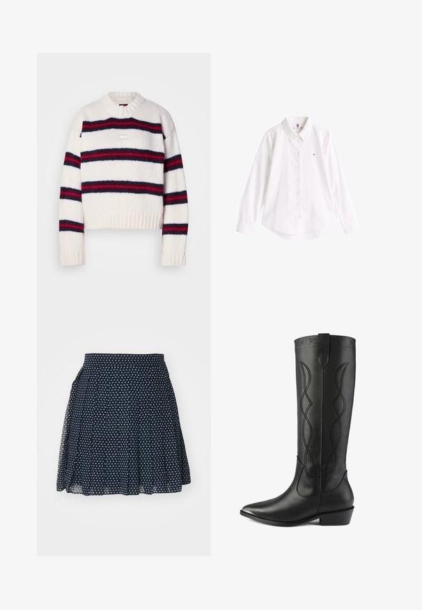 Strikket cropped sweater i creme med vandrette striber i marineblå og rød. Rund halsudskæring og ribbet kantdetalje. Tekstureret stof.; Hvid skjorte med knaplukning lavet af bomuld, med klassisk krave, lange ærmer og buet kant. Har et lille farvet logo på brystet.; Marine nederdel med små hvide stjerner, plisseret design, høj talje og let stof der giver fri bevægelighed.; Høje sorte læderstøvler har en spids tå, blokhæls og dekorativ syning med sammenflettede linjer langs skaftet.