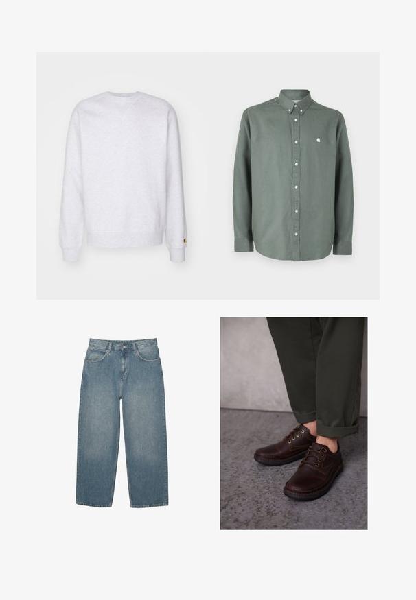 Lichtgrijze sweatshirt met een ronde hals, lange mouwen, geribbelde manchetten en een klein logo-label nabij de zoom. Gemaakt van zachte stof.; Groen shirt met lange mouwen gemaakt van katoen, voorzien van een button-down kraag, een knopenpatte met knopen aan de voorkant, en een klein wit logo op de borst.; Blauwe high-waisted straight-leg jeans met voorzakken, riemlussen, knoopsluiting en subtiele vervaging op een witte achtergrond.; Bruine leren schoenen met ronde neuzen, vetersluiting en decoratieve stiksels. Gecombineerd met donkergroene broeken met opgerolde boorden.