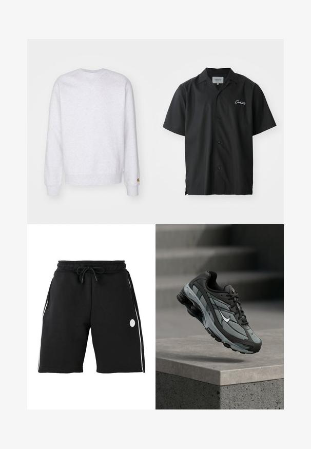 Sudadera gris clara con cuello redondo, mangas largas, puños acanalados y un pequeño parche de logo cerca del dobladillo. Hecha de tela suave.; Camisa negra de botones de manga corta con cuello de campamento, que presenta un logotipo bordado en blanco en el pecho y un corte relajado.; Pantalones cortos negros hasta la rodilla con cintura elástica y cordón, rayas blancas verticales en los lados y pequeño logo redondo en el muslo izquierdo.; Zapatilla deportiva gris y negra con paneles de malla y suela gruesa, posicionada en el aire sobre un saliente de hormigón con escaleras de fondo.