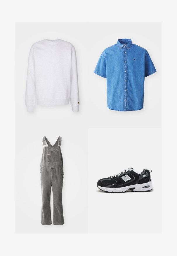 Helles graues Sweatshirt mit Rundhalsausschnitt, langen Ärmeln, gerippten Bündchen und einem kleinen Logo-Patch nahe dem Saum. Aus weichem Stoff gefertigt.; Kurze Ärmel Denim-Hemd in Hellblau mit button-down Kragen, versehen mit einem Brustlogo und auffälligen Nähten.; Graue Denim-Overalls mit verstellbaren Trägern, einer Brusttasche vorne, Seitentaschen und einem ausgestellten Bein. Robuster Stoff und entspannter Schnitt für Komfort.; Schwarze und graue Sportschuhe mit Obermaterial aus Mesh und Wildleder, ausgestattet mit einer weißen Zwischensohle, Schnürsenkeln und einem markanten "N"-Logo an der Seite.