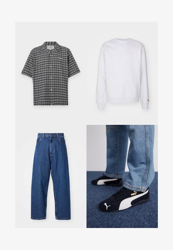 Sweatshirt gris clair avec un col rond, des manches longues, des poignets côtelés et un petit logo brodé près de l'ourlet. Fabriqué en tissu doux.; Chemise à manches courtes à carreaux noir et blanc avec col et petit logo blanc "Carhartt" sur la poitrine.; Jean large en denim bleu foncé. Présente une taille haute, des passants de ceinture et un design classique à cinq poches. Ourlet piqué avec une finition soignée.; Baskets en daim noir avec accents blancs, arborant un logo doré. Portées avec un jean en denim bleu clair et posées sur une surface bleue texturée.