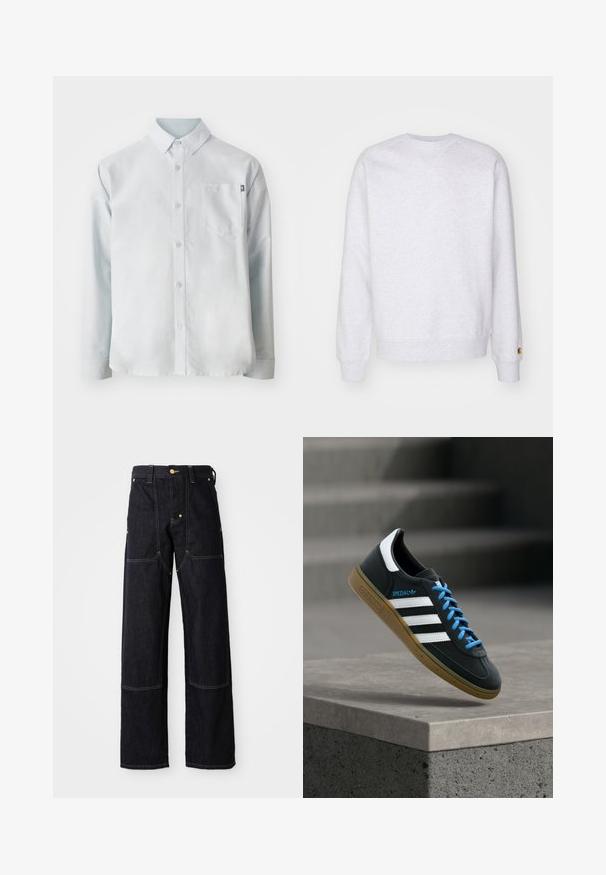 Svetlo šedá mikina s okrúhlym výstrihom, dlhými rukávmi, rebrovanými manžetami a malým logom v blízkosti lemu. Vyrobená z jemného materiálu.; New Balance OXFORD - Košeľa - blue; Tmavomodré denmové nohavice so strihom rovnej nohy, zdobené žltým prešívaním a prednými vreckami. Textília vyzerá pevne a štruktúrovane.; Čierna teniska Adidas s bielymi pruhmi, modrými šnúrkami a gumovou podrážkou, ktorá sa vznáša nad sivým betónovým schodom v mäkkom svetle.