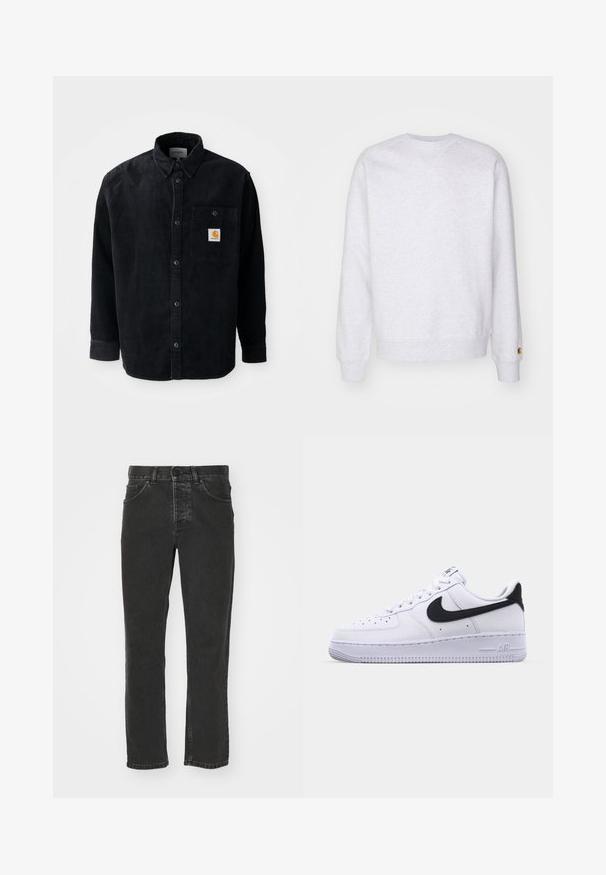 Lys grå sweatshirt med rund halsudskæring, lange ærmer, ribbede manchetter og et lille logo-patch nær kanten. Fremstillet af blødt stof.; Sort corduroy skjorte med lange ærmer, knaplukning foran, brystlomme med et lille orange Carhartt logo patch.; Sorte denim jeans med lige ben, klassisk fem-lomme design, knaplukning i taljen og en falmet overflade. Glat tekstur, ingen synlige mønstre.; Hvide lædersneakers med en struktureret sort Swoosh, flade snørebånd og en gummisål med et rillemønster. "AIR" er præget på hælen.