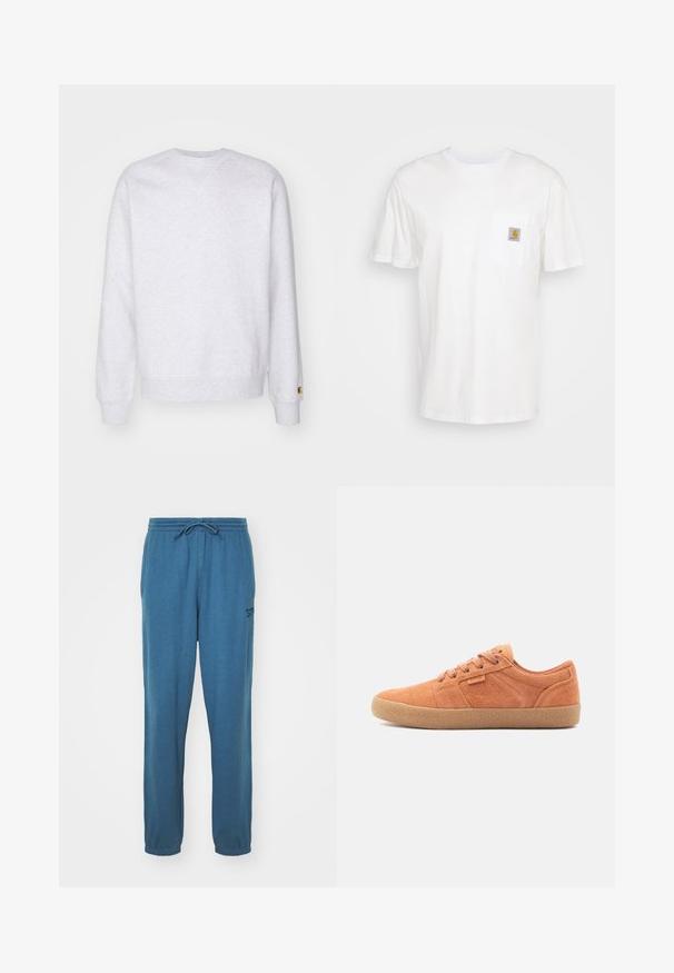 Sudadera gris clara con cuello redondo, mangas largas, puños acanalados y un pequeño parche de logo cerca del dobladillo. Hecha de tela suave.; Camiseta de algodón blanca con mangas cortas, un bolsillo en el pecho y un pequeño parche cuadrado de logo en naranja y blanco en el bolsillo.; Pantalones de chándal azul de algodón con cintura elástica y cordón ajustable. Presenta un pequeño logo en la pierna izquierda y puños ajustados en los tobillos.; Zapatillas de gamuza marrón con una superficie texturizada, punta redonda y suela de goma. Presentan un diseño con cordones y acentos cosidos en los laterales.