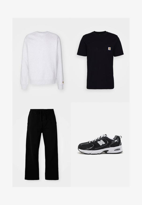 Sudadera gris clara con cuello redondo, mangas largas, puños acanalados y un pequeño parche de logo cerca del dobladillo. Hecha de tela suave.; Camiseta de algodón negra con mangas cortas, cuello redondo y un bolsillo en el pecho que presenta un pequeño parche de logo cuadrado. Diseño simple y sólido.; Pantalones negros de cintura elástica con cordón ajustable, de piernas anchas y textura de algodón suave. Sin patrones visibles ni detalles de hardware.; Zapatillas deportivas en negro y gris con parte superior de malla y ante, que cuentan con una entresuela blanca, cordones y un llamativo logo "N" en el lateral.