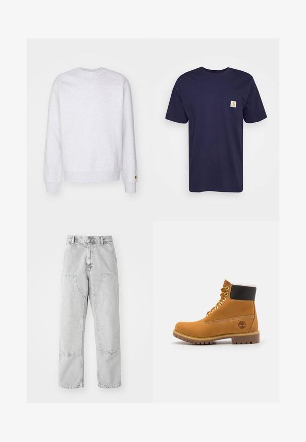 Sudadera gris clara con cuello redondo, mangas largas, puños acanalados y un pequeño parche de logo cerca del dobladillo. Hecha de tela suave.; Camiseta de algodón azul marino con mangas cortas, cuello redondo y bolsillo en el pecho izquierdo que presenta un logo de Carhartt bordado en amarillo y blanco.; Pantalones de mezclilla gris claro con un corte holgado, que presentan grandes bolsillos laterales, costuras visibles y un diseño de pierna recta. Pasadores para cinturón en la cintura.; Botín de cuero marrón con ojales de metal, forro de piel sintética blanca, cuello acolchado negro, suela resistente y logotipo en relieve en el costado.
