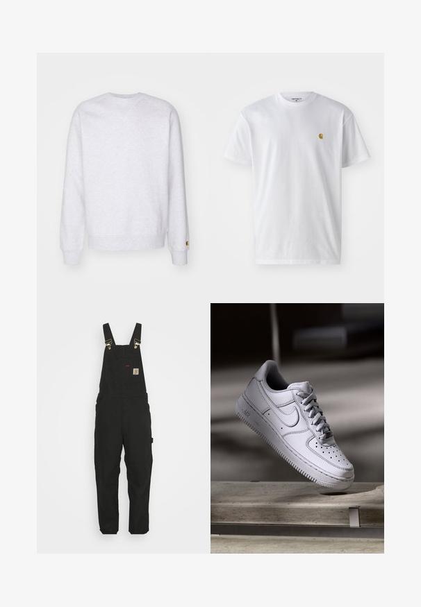 Lys grå sweatshirt med rund halsudskæring, lange ærmer, ribbede manchetter og et lille logo-patch nær kanten. Fremstillet af blødt stof.; Hvid bomulds t-shirt med korte ærmer, rund hals og et lille guld logo på venstre brystområde. Blød tekstur og almindelig pasform.; Sorte bomuldsoveralls med justerbare stropper, en forlommes med logo patch og to sidelommer i en afslappet pasform.; Hvid læder Nike Air Force 1 sneaker med perforeret tå, flade snørebånd og tekstureret gummisål med "AIR" branding på siden.