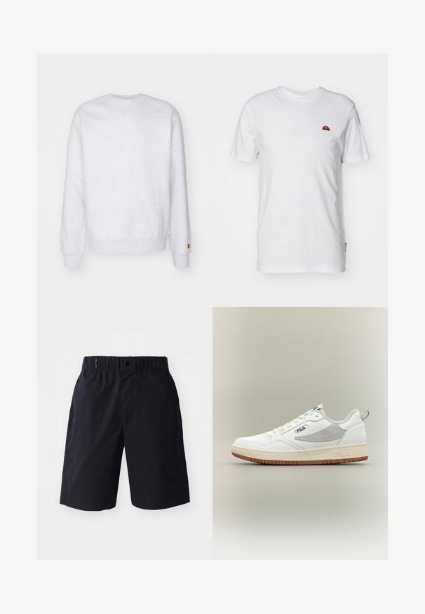Lichtgrijze sweatshirt met een ronde hals, lange mouwen, geribbelde manchetten en een klein logo-label nabij de zoom. Gemaakt van zachte stof.; Eenvoudig wit T-shirt met korte mouwen met een klein rood-oranje halve cirkel logo op het bovenste linkerborstgedeelte.; Zwarte shorts van lichtgewicht stof, met een rechte voorkant, een elastische tailleband en zijzakken. Eenvoudig ontwerp zonder patronen.; Witte en grijze lage Fila-sneaker met beige zool en bruine loopzool, veters aan de voorkant en een treklus bij de hiel op een neutrale achtergrond.