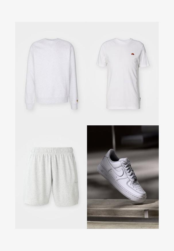 Lys grå sweatshirt med rund halsudskæring, lange ærmer, ribbede manchetter og et lille logo-patch nær kanten. Fremstillet af blødt stof.; Hvid bomulds t-shirt med korte ærmer og rund halsudskæring. Har et lille farverigt logo på venstre brystområde. Blød tekstur.; Grå bomuldsbukser med elastisk talje, der har en glat tekstur og sidelommer. Diskret logodetalje ved kanten.; Hvid læder Nike Air Force 1 sneaker med perforeret tå, flade snørebånd og tekstureret gummisål med "AIR" branding på siden.