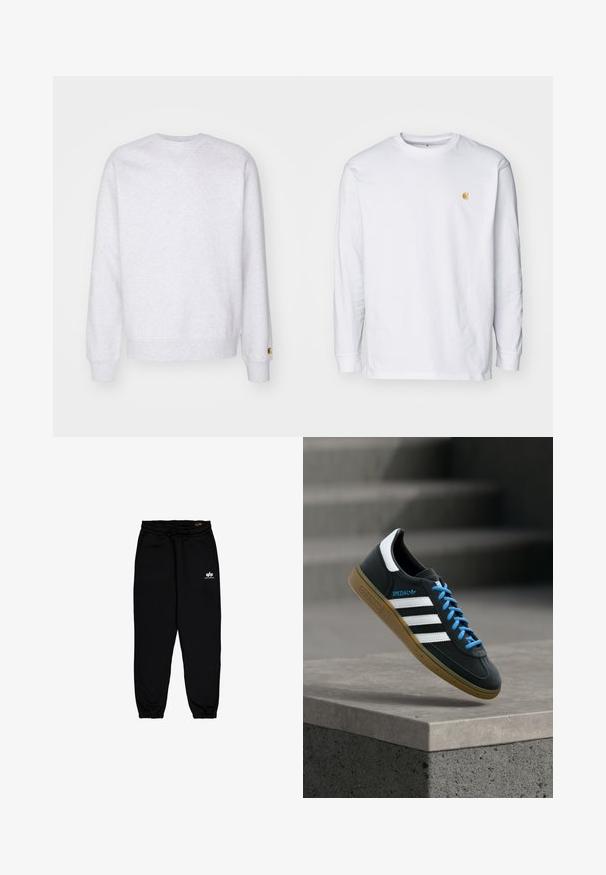 Sweatshirt gris clair avec un col rond, des manches longues, des poignets côtelés et un petit logo brodé près de l'ourlet. Fabriqué en tissu doux.; T-shirt à manches longues blanc en coton. Présente un petit logo doré sur la poitrine et un col rond. Design simple et coupe standard.; Pantalons de jogging noirs en tissu doux et extensible. Comprend une taille élastique avec cordon de serrage et des poignets élastiques. Petit logo blanc sur la hanche.; Baskets Adidas noires avec des rayures blanches, des lacets bleus et une semelle en gomme flottant au-dessus d'une marche en béton grise sous une lumière douce.